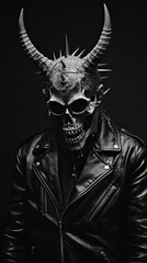 Fototapeta na wymiar horned devil demon skull in leather jacket in black and white concept art
