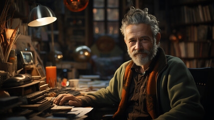 Porträt eines älteren Mannes, der an seinem Schreibtisch in seiner Werkstatt sitzt.