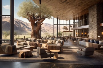 a contemporary hotel lobby, featuring an open-concept layout with a fusion of natural materials, modern furniture, and large windows offering a view of the surrounding landscape.