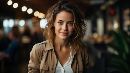 Porträt einer schönen Frau, die in die Kamera lächelt, während sie in einem Café sitzt.  - obrazy, fototapety, plakaty