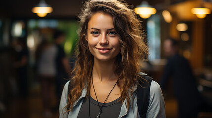 Porträt einer schönen Frau, die in die Kamera lächelt, während sie in einem Café steht.  - obrazy, fototapety, plakaty