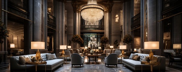 a sumptuous hotel lobby with no seating, emphasizing the sense of space and grandeur through a...