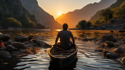 Rückansicht eines Mannes, der in einem Boot sitzt und in den Sonnenuntergang schaut. - obrazy, fototapety, plakaty