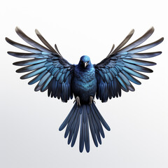 A blue bird with wings spread out in the air on white background,