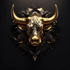 Gordijnen Gold bull head with gold bars on top of black background © alex