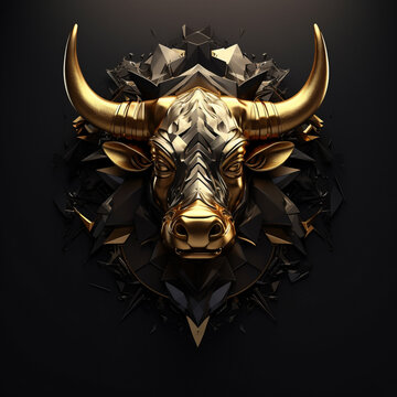 Gold bull head with gold bars on top of black background