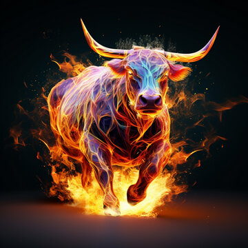 Bull with gold bars and coins, 3d render illustration, in the style of dark gold