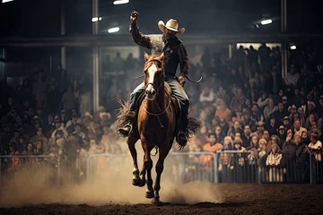 Zelfklevend Fotobehang Cowboy on bucking horse at rodeo © Hamburn