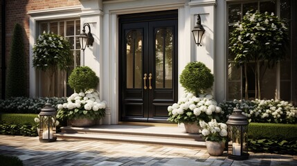 A high-quality image capturing the grandeur of a designer entrance door to a country house with modern design. 