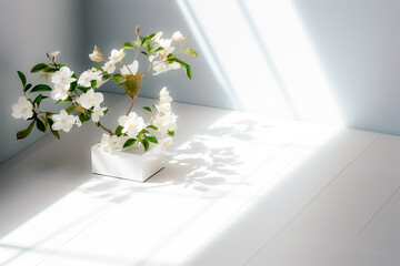 Greeting card template with white orchid on white laminate floor in corner of empty room. Side lighting, copy space.
