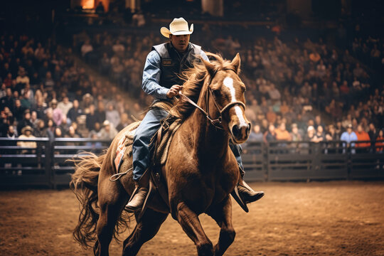 Cowboy on bucking horse at rodeo