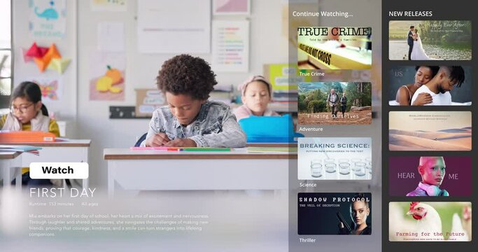 Streaming, overlay and education video with interface of children, classroom and development on screen. Internet, subscription and choice or options for documentary, series or movie on education