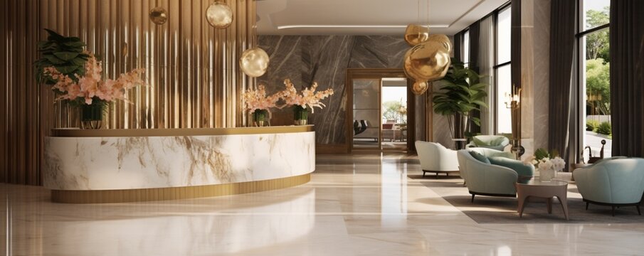 A high-quality image capturing the boutique hotel's reception area, focusing on the reception desk and its unique decor elements, such as ornate sculptures, fresh flower arrangements, and soft, 