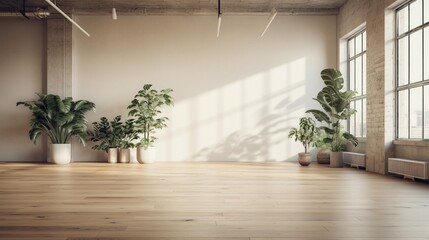  the aesthetic appeal of an empty room in a modern loft, featuring a wooden floor with strategically placed potted plants. The composition creates a visually striking and inviting atmosphere.