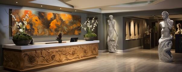 the boutique hotel's reception area, focusing on the reception desk and its unique decor elements, such as ornate sculptures, fresh flower arrangements, and soft, - obrazy, fototapety, plakaty