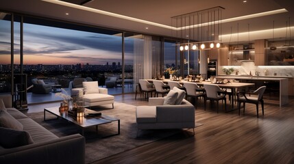 A high-quality image capturing the open-concept living space of a penthouse, with a modern kitchen,...