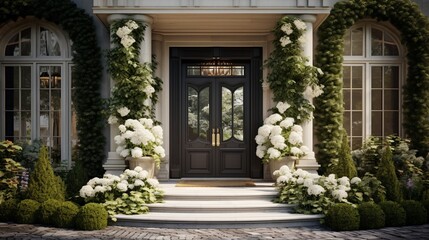 the grandeur of a designer entrance door to a country house with a modern design. The luxurious exterior and lush backside garden create a visually striking and inviting setting.