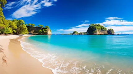 Papier Peint photo Cathedral Cove A high-quality, realistic image of Cathedral Cove beach in summer,  The panoramic view highlights the beauty of the beach and its natural surroundings.