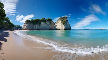  Cathedral Cove beach in summer, captured during the daytime, with no people in sight. The panoramic view highlights the beauty of the beach and its natural surroundings. © ZUBI CREATIONS