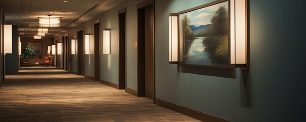 A high-quality image showcasing a well-lit hotel passageway with a luxurious ambiance. The soft...