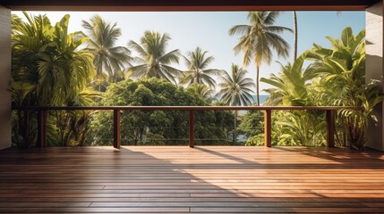 the beauty of a wooden balcony patio deck, with coconut trees swaying in the breeze in the background. 