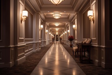 a well-lit hotel corridor with a luxurious ambiance, emphasizing the attention to detail in the interior design, including intricate moldings, soft lighting, and tasteful decor elements.