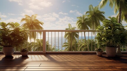 he beauty of a wooden balcony patio deck, with coconut trees swaying in the breeze in the background. 