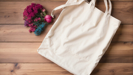 top view Canvas tote bag on wooden background. backdrop with copy space