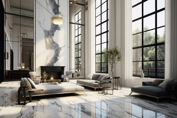 Lavish fancy modern house apartment home interior, marble floor, High ceilings, High glass windows, art deco inspired  - Powered by Adobe