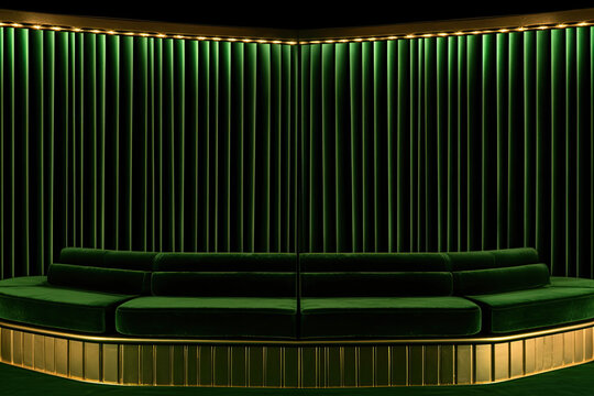 Green art deco sofa couch with curtin background, home interior living room