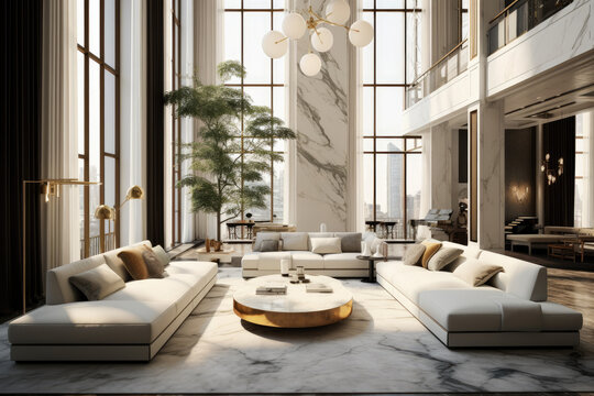 Lavish fancy modern house apartment home interior, marble floor, High ceilings, High glass windows, art deco inspired 