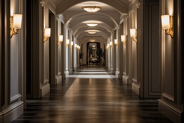  the interior of a luxury hotel corridor, with soft, ambient lighting and a sense of spaciousness. The corridor design combines modern elegance with classic elements. - obrazy, fototapety, plakaty