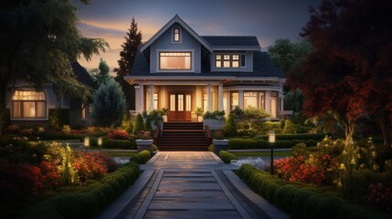  a house with a spacious front yard and a walkway that transforms beautifully from day to night....