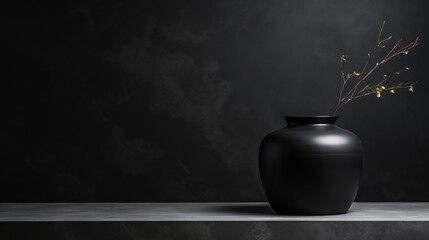  a black ceramic vase on a table against a glossy black marble background. The composition offers clean lines and ample negative space, making it perfect for a high-quality presentation.