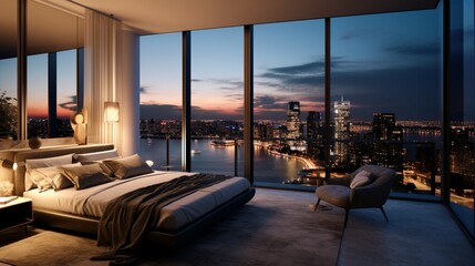  the bedroom of a luxury penthouse, with a king-sized bed, premium bedding, and floor-to-ceiling...