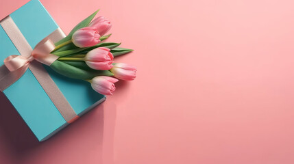 Mother's Day decorations concept. Top view photo of blue giftbox with ribbon bow and bouquet of pink tulips on isolated pastel pink background with copyspace. Holiday web banner. Top view. Tenderness - obrazy, fototapety, plakaty