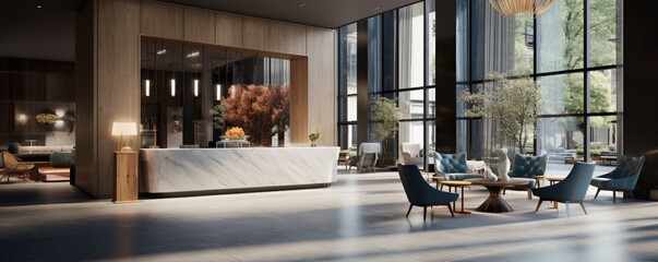 A realistic and well-lit image of the interior of a boutique hotel's lobby, with the reception desk...
