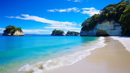 A picturesque and high-quality image of Cathedral Cove beach during a peaceful summer day, where the absence of people allows you to fully appreciate the natural wonder of this stunning location.