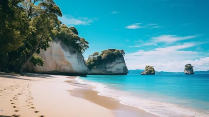 Foto op Plexiglas A picturesque and high-quality image of Cathedral Cove beach during a peaceful summer day, where the absence of people allows you to fully appreciate the natural wonder of this stunning location. © ZUBI CREATIONS