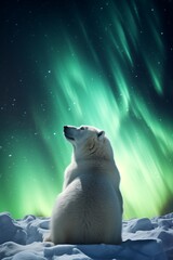 polar bear looking at northern lights	