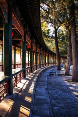 Vertical of Summer Palace, Long Gallery at sunrise, autumn trees background