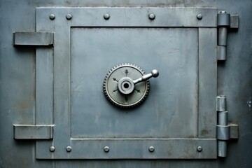 Fototapeta na wymiar Front view of closed door on old security safe box bank vault entrance metal door background