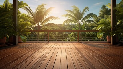 Fototapeta na wymiar a wooden balcony patio deck with a picturesque view of coconut trees. The house balcony interior mock-up design background is filled with daylight, creating an ideal setting for summer relaxation.