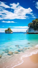 Deurstickers A realistic and well-lit photograph showcasing Cathedral Cove beach on a bright summer day, with no people around. © ZUBI CREATIONS