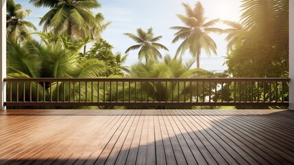 A realistic and well-lit photograph featuring a wooden balcony patio deck with a picturesque view...