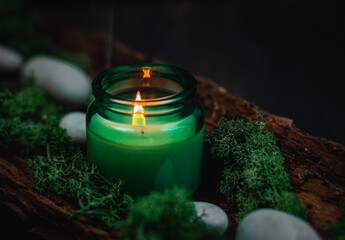 Green candle, moss and stones in the bark of a tree on a black background.