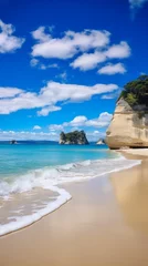 Papier Peint photo Cathedral Cove A realistic and well-lit photograph showcasing Cathedral Cove beach on a bright summer day, with no people around. The panoramic view accentuates the unspoiled natural beauty of the coastal landscape.