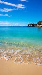 A realistic and well-lit photograph showcasing Cathedral Cove beach on a bright summer day, with no people around. The panoramic view accentuates the unspoiled natural beauty of the coastal landscape.