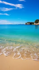 Tischdecke A realistic and well-lit photograph showcasing Cathedral Cove beach on a bright summer day, with no people around. The panoramic view accentuates the unspoiled natural beauty of the coastal landscape. © ZUBI CREATIONS