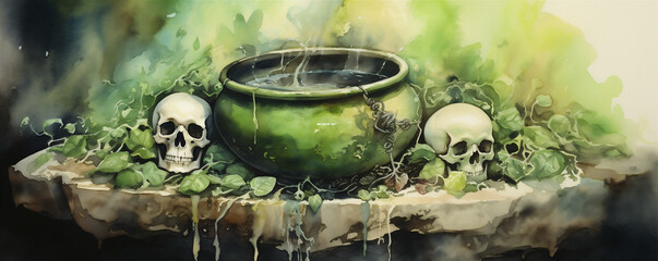 Watercolor Painting, Witch's Cauldron with a Green Mixture Containing Bones and Skulls, Generative AI